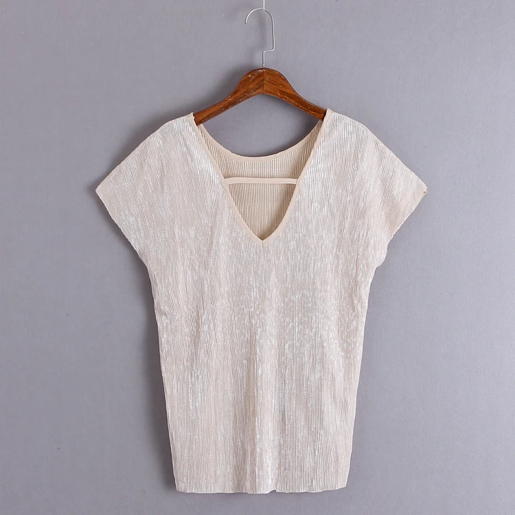  V-collar Short-sleeve Pure-color T-shirt Women Tshirt  Tops 