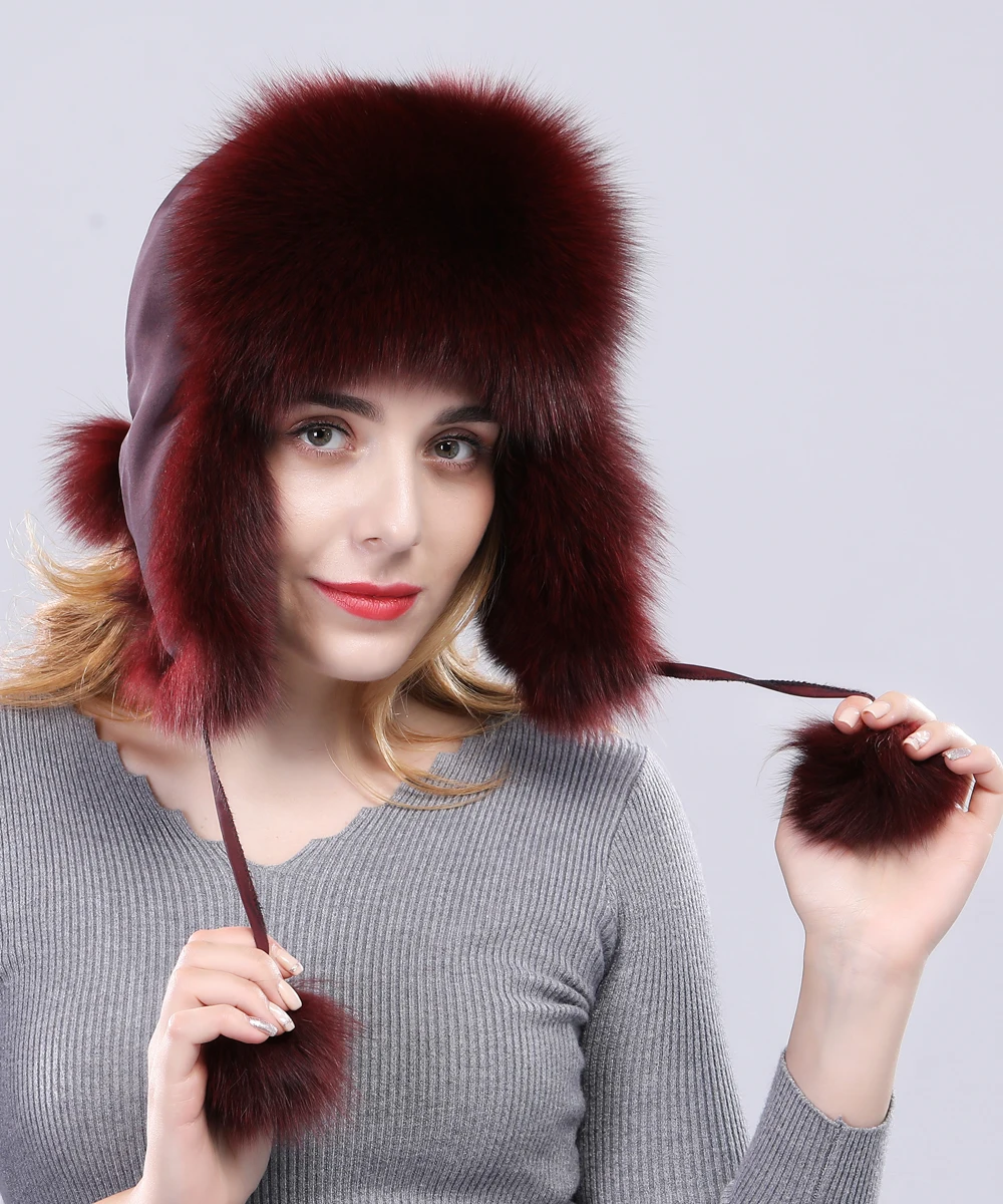 Winter women fur hat lady real fox fur cap protect ear warmer fox pom poms Bomber Hat hot sale new arrival