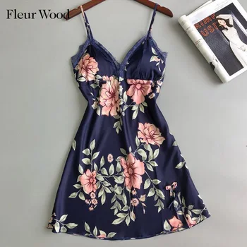

Fleur Wood Night Dress Women Nightgown Nightwear Sling Casual Print Mini Dress Plus Size Sleepshirt Chemise Nighty Flora XL