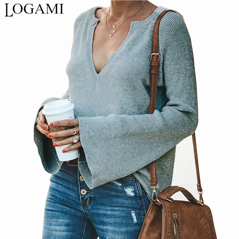LOGAMI V Neck Flare Sleeve Knitted Sweater Soft Casual Autumn Pullover Women New Arrival Woman Winter 2019 | Женская одежда