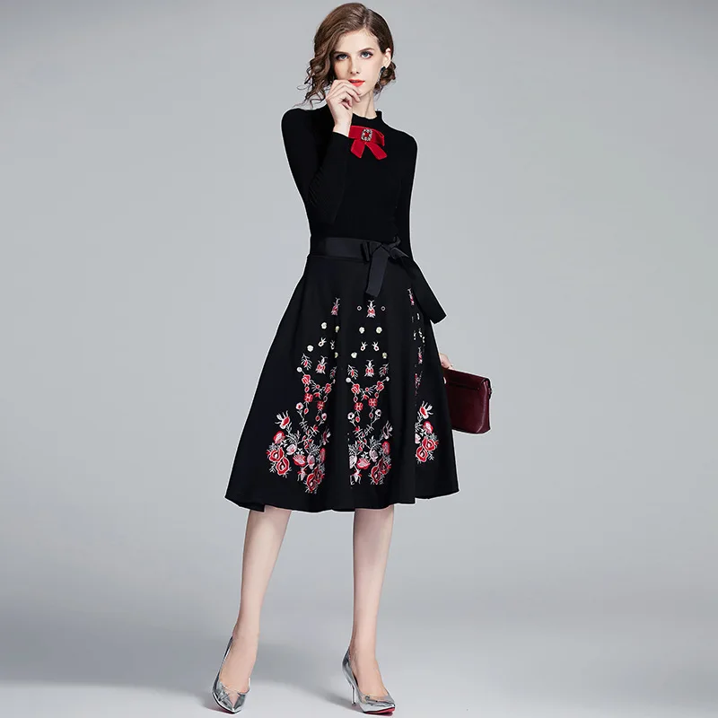 

Europe And America 2020 New Style WOMEN'S Dress Knitted Sweater Joint Hem Embroidered Clusters of Stars Point Embroidery Side Ed