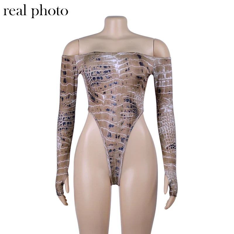 Simenual Sexy Hot Snake Print Matching Set Women Off Shoulder Fashion Two Piece Outfits Long Sleeve Bodysuit And Skirt Sets