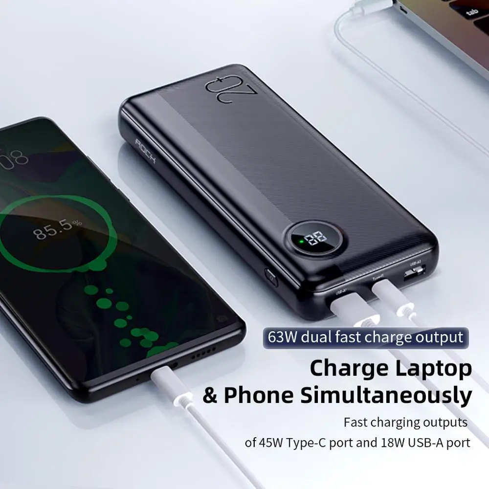  ROCK 20000mAh Power Bank with LED Digital Display 63W PD QC3.0 Fast Charging Powerbank for iPhone X