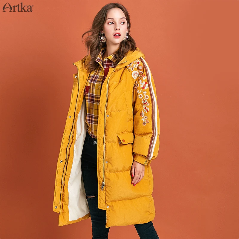 Goede ARTKA 2019 Winter Nieuwe vrouwen Down Jas 90% Witte Eendendons Extreem Warm Uitloper Hooded Geborduurd Lange Donsjack ZK10195D