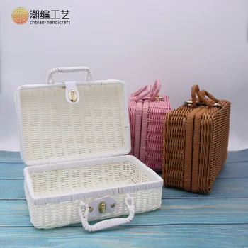 

Cosmetics finishing rattan Vintage portable box with hand gift props solid PP woven storage rattan box customized handmade