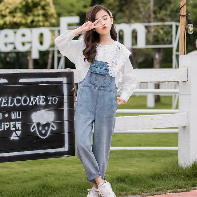 Childrens Overalls Loose Girls Denim Jumpsuit+lace Shirt Kids Jeans Pants  Solid Girl Clothes Set Teen Student Salopettes 12 14 - Kids Overalls -  AliExpress