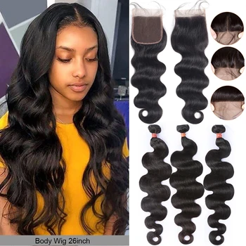 

Brazilian Body Wave Hair Weave Bundles With Closure Natural Color Human Hair Bundles with Closure 8-32" Remy Hair Extension