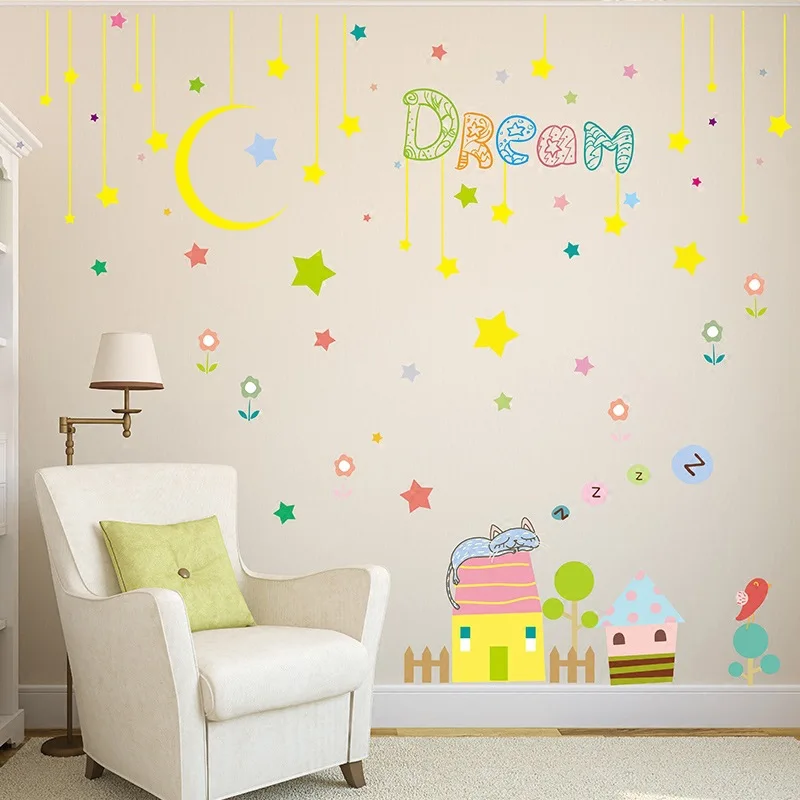 Dream Moon House Мультяшные настенные наклейки обои самоклеющиеся Детские Бесплатные наклейки s гостиная креативные декоративные наклейки