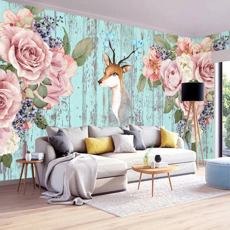

Drop Shipping Photo Wallpaper Beautiful Fresh Hand Painted Flowers Deer Children's Room Decoration Backdrop Wallpaper Mural