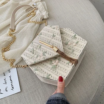 

Embroidery Hexagonal Women's Messenger Bags Fashion Lace Tassel Chain Lady Crossbody Bag Rattan Straw Summer Beach Shoulder Bags