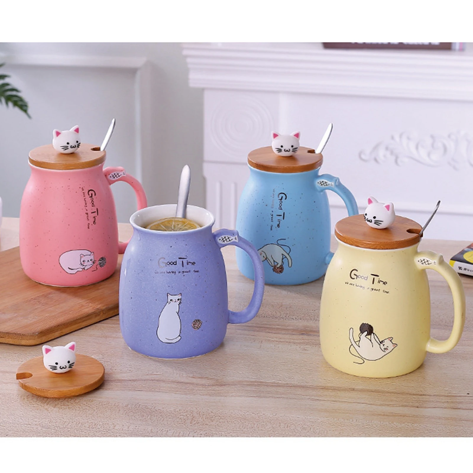 Cute Cat Ceramic Cup Hot Cold Tea Cup Milk Coffee Mug with Spoon Lid Pink