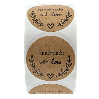 

Handmade With Love Labels Stickers Kraft Paper For Holiday Decoration Food Seal Stickers 500pcs/roll Circle