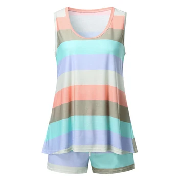 

Women Beach Sleepwear Casual Breathable Summer Pajama Set Loose Colorful Striped Vest Shorts Party Home Round Neck Cotton Blend