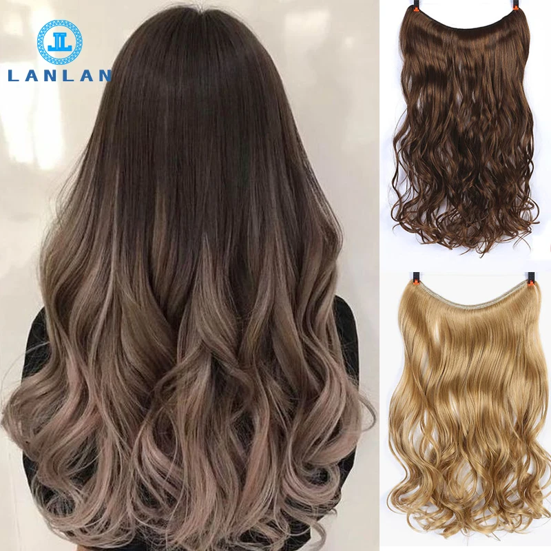 LANLAN women long curly hair big wave one piece natural wig set U-shaped seamless hair extension wig piece cute Headwear