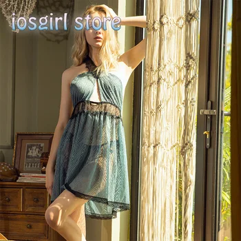 

Sexy Nightdress Thin Section Lingerie Backless Stitching Nightgown Mesh Sheer Dress Halter Sleepwear Set Lady Night Skirt