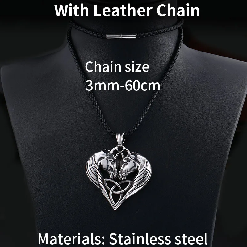 with leather chain Стальной солдат, двойные волчьи головы, подвеска в виде животного, дизайн в виде сердца, очаровательное колье с кулоном в стиле викингов, мужской подарок, колье, ювелирное изделие - Окраска металла: with leather chain