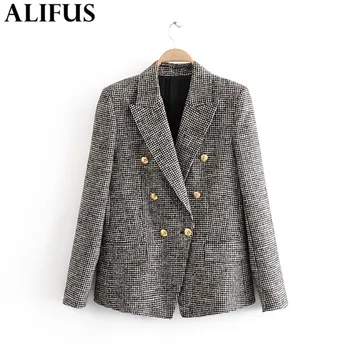 

Fashion Za Women 2019 Elegant Houndstooth Office Lady Blazer Coat Double Breasted Stylish Notched Collar Ladies Outerwear Tops