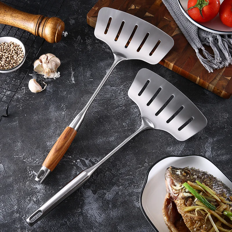 Stainless Steel Fish Frying Spatula Egg Pan Scoop Nonstick Wood