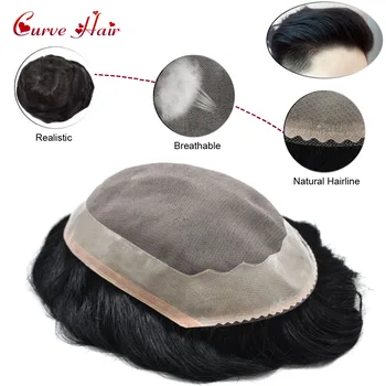 

Fine Mono Durable Mens Toupee Poly Coating Perimeter Remy Hair System Replacement For Men Jet Black