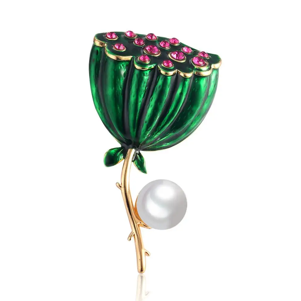 

Green Lotus Brooches Pin Crystal Rhinestones Simulated Pearl Enamel Flower for Women Clothing Jewelry Accessories AL568