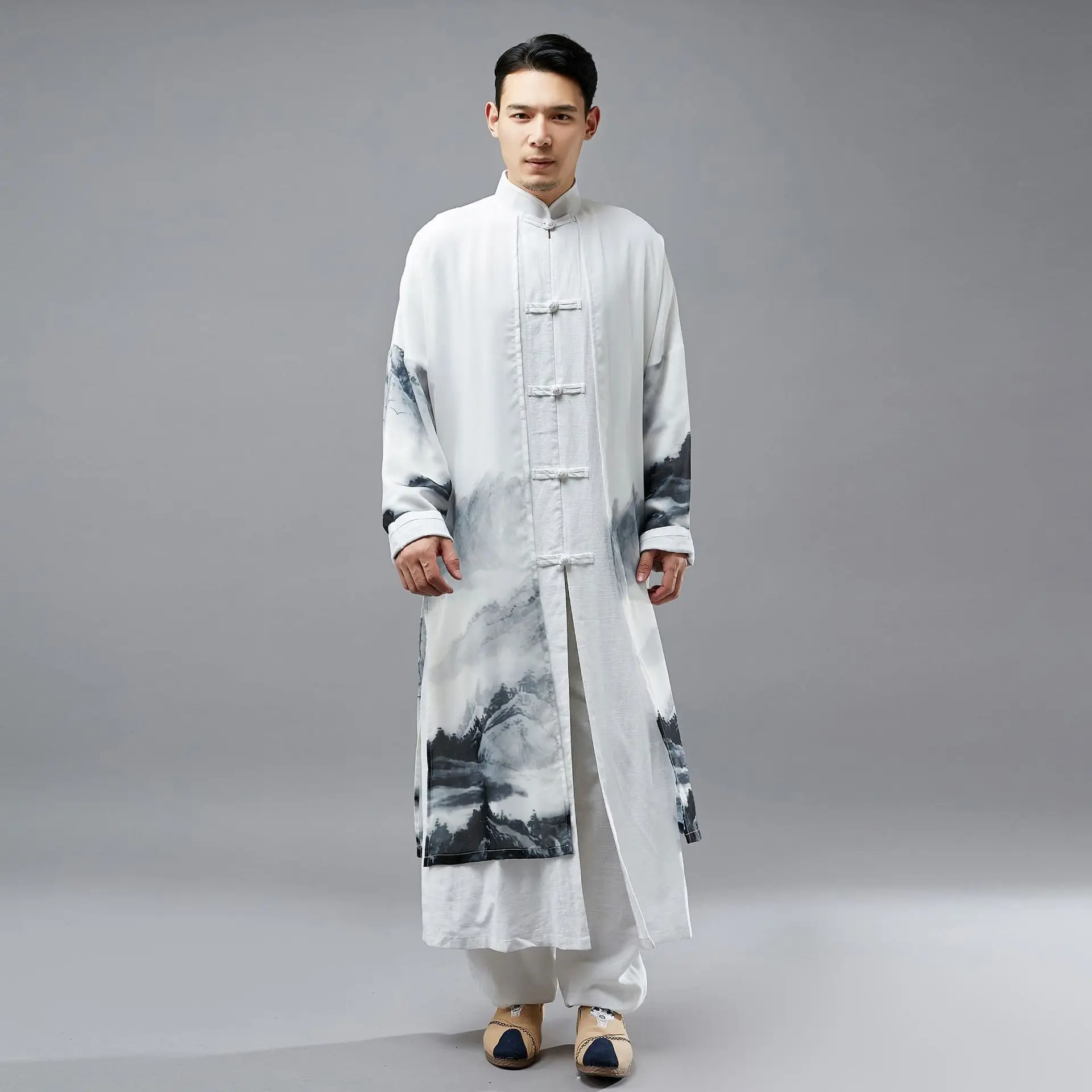 Традиционный китайский ханьфу пальто Тан костюм для мужчин шаолин Кунг Фу длинный халат ушу Тай Чи Униформа Свободная блузка костюмы для сцены