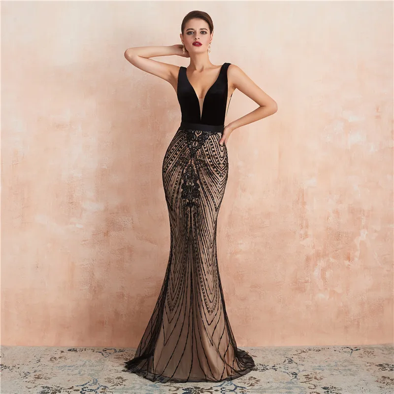 Black Lace Velvet Top Mermaid Prom Dresses Slim Sexy Backless Custom Made Formal Women Fashion Evening Party Gowns Sleeveless