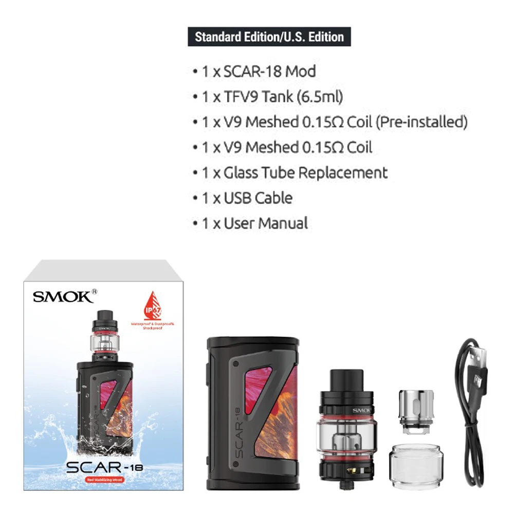 Оригинальный комплект SMOK SCAR 18 водонепроницаемая электронная сигарета 230 Вт вейп