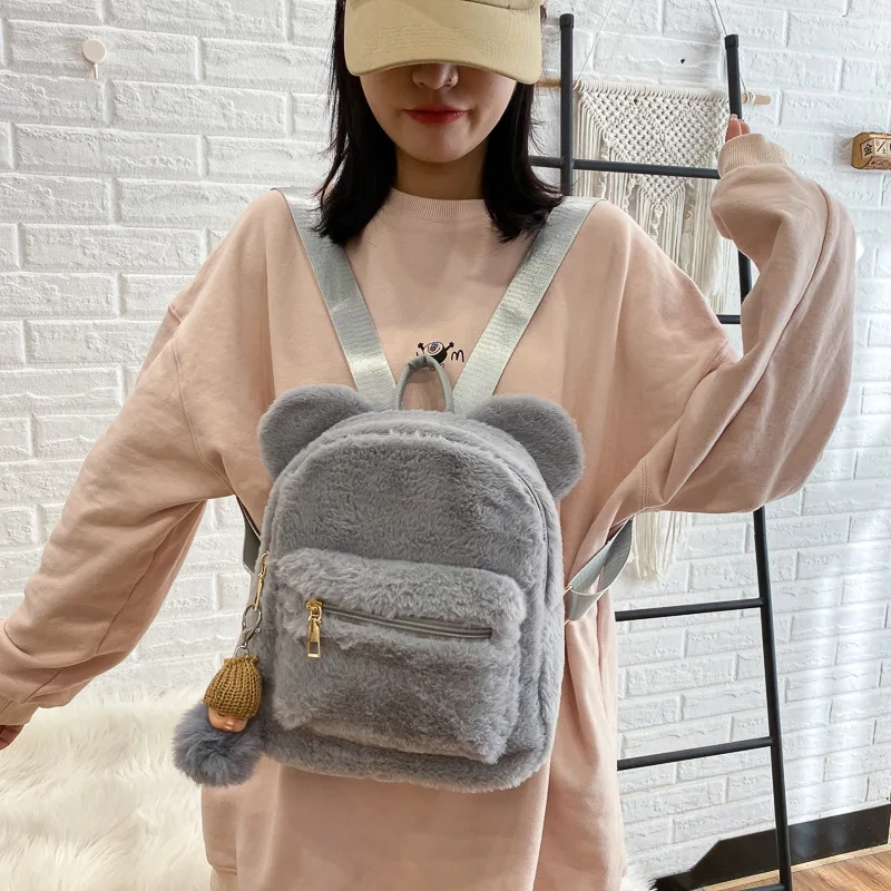 Custom Fluffy Bunny Backpack Korean Mini Backpack For Girls Cute 2022 New Bear Ears Plush Women Backpack Faux Fur Shoulders Bag 6