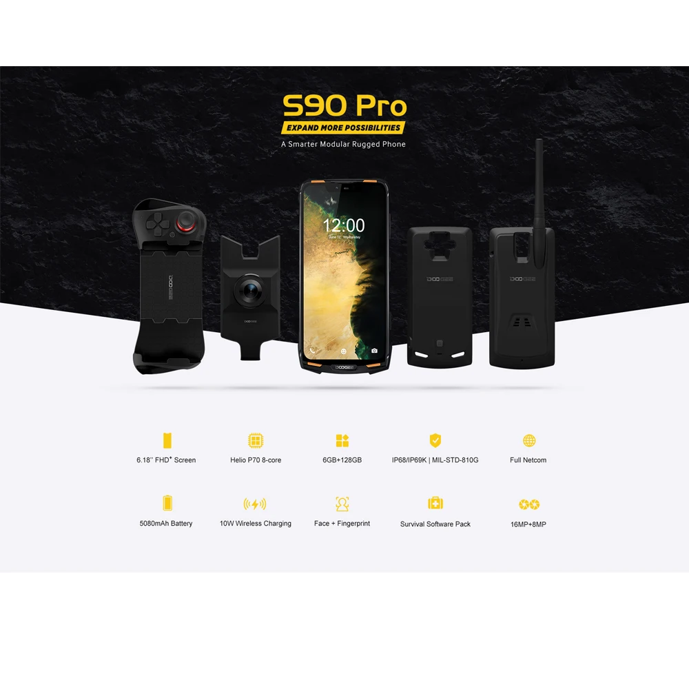 DOOGEE S90 Pro Android 9.0 Smartphone Helio P70 Octa Core 6.18 FHD+ IP68 Wireless Charge 6GB 128GB 16MP 4G Dual SIM Mobile Phone 6