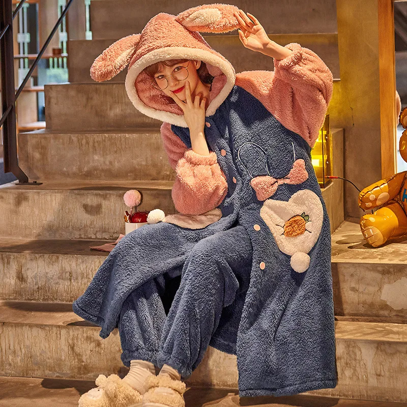 

Women Autumn Winter New Hooded Warm Coral Velvet Pajama Set Thick Flannel Two Piece Suit Loungewear Loose Casual Home Clothes