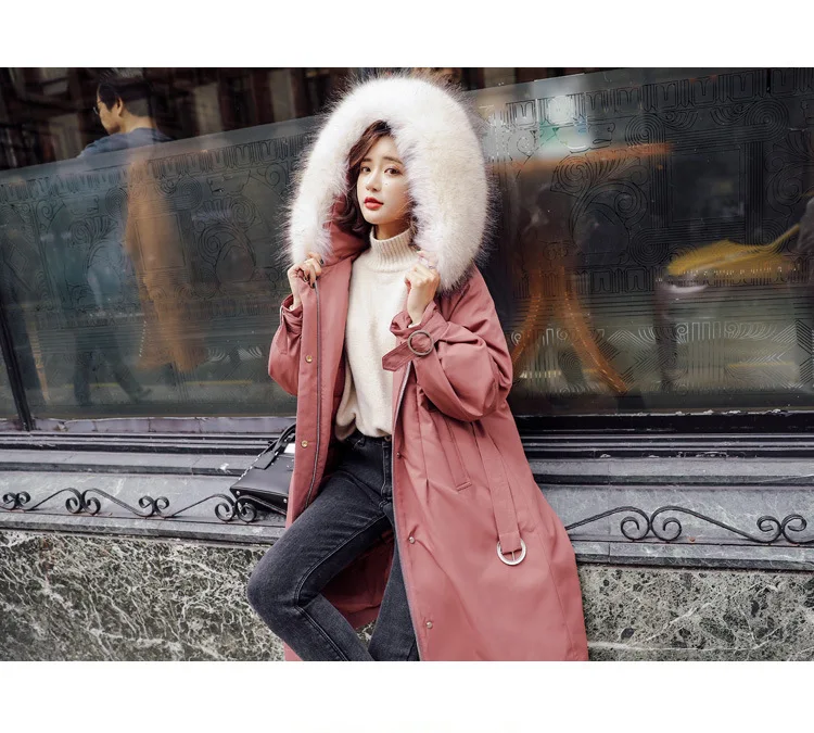 Winter Mid-length over-the-Knee Hooded Thick down Jacket Korean-style Waist Hugging Lace-up Loose-Fit Down Jacket Women's