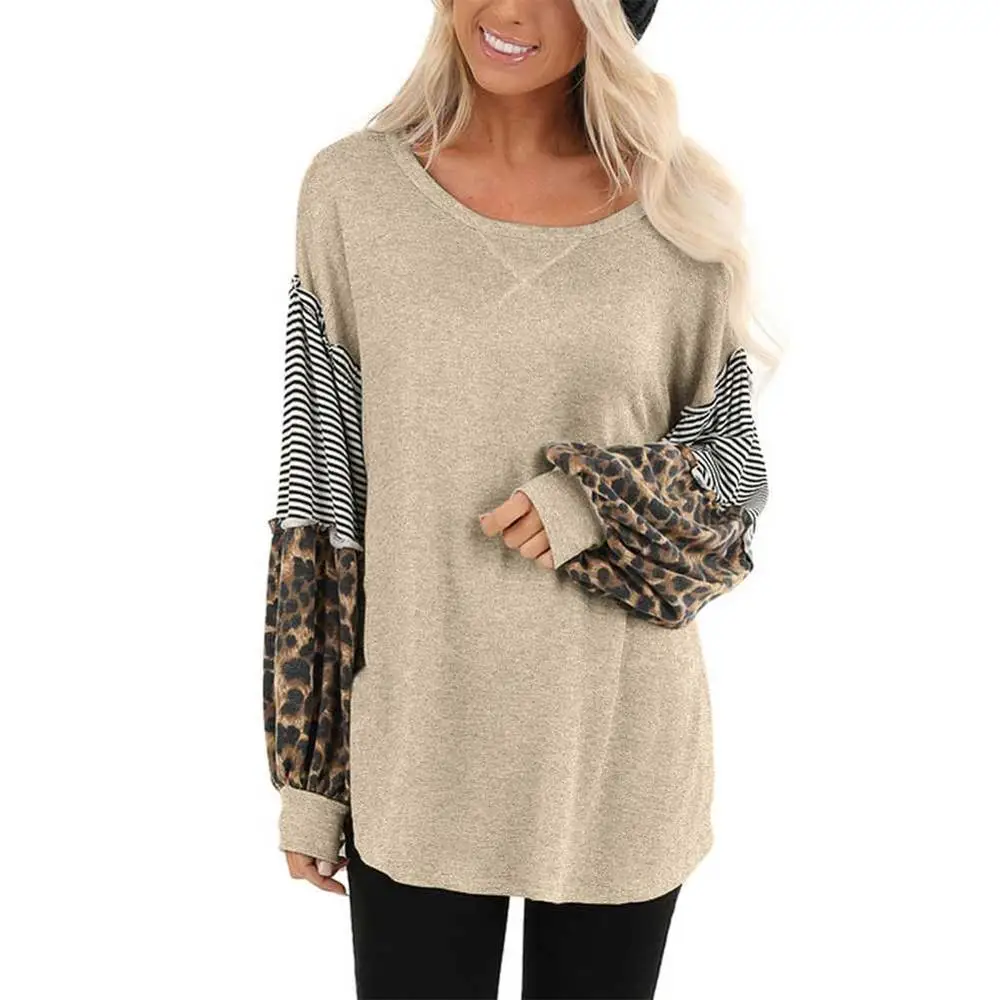Kureas Women's T Shirt Long Puff Sleeve Casual T-Shirts Fashion Leopard Striped Patchwork Knitted Female Tops Autumn Winter - Цвет: Хаки