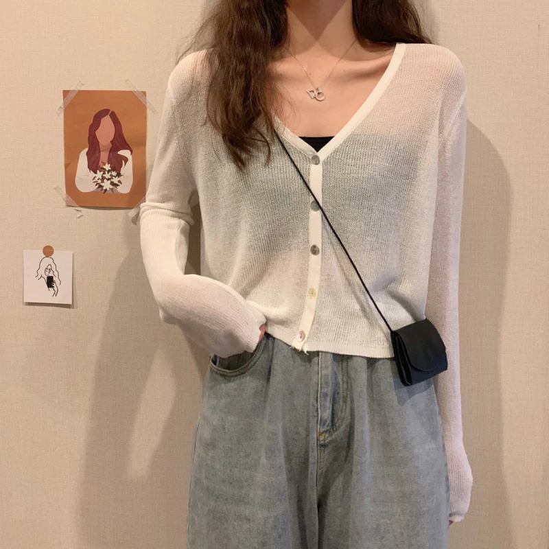 

Korean Thin Cardigan Women 2021 Summer Long Sleeve Cropped Top Knitted Sweater Mori Girls Fashion White V-neck Sunscreen Clothes