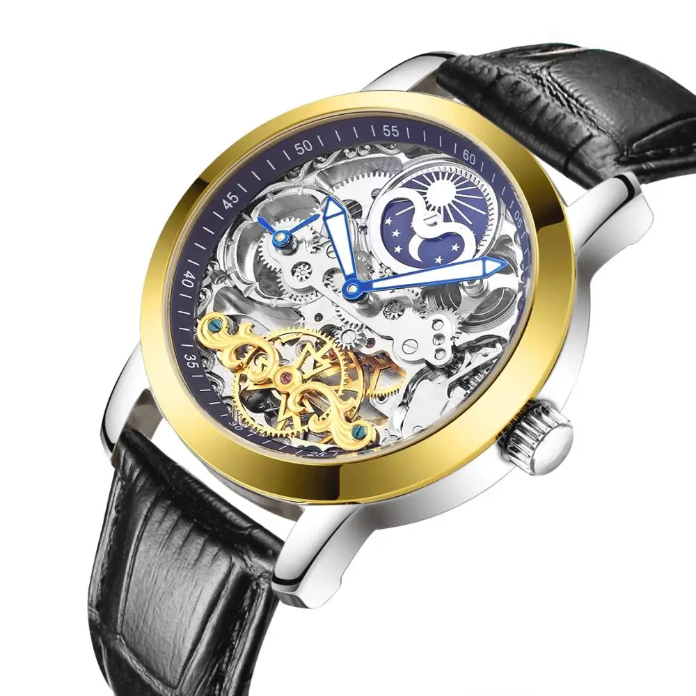 Reloj Hombre, новинка, HAIQIN, мужские механические часы, Роскошные, автоматические, для мужчин, скелет, Tourbillon, спортивные, водонепроницаемые часы для мужчин - Цвет: Gold blue-L