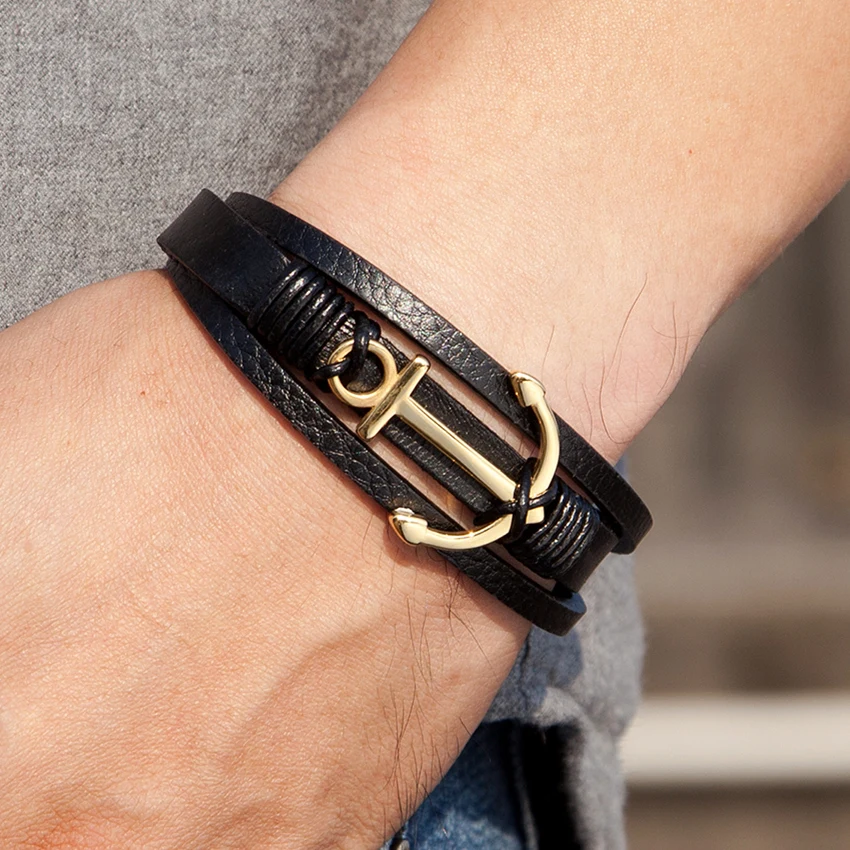 Новые стили модный браслет с якорем мужской из натуральной кожи мужские браслеты