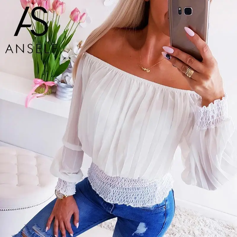 Off The Shoulder Blouse Womens Blouses Shirt Pleated Slash Neck Long  Sleeves Elastic Bottom Loose Boho Tops Female White Tunics - Blouses u0026  Shirts - AliExpress