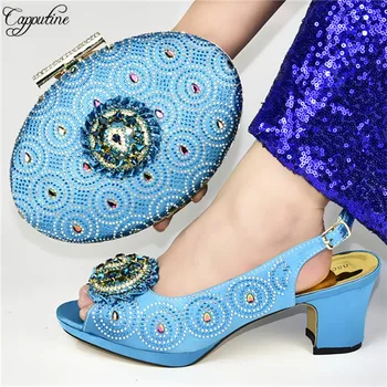 

Beautiful sky blue party set matching shoes and clutch bag set with shinning stones for lady 588-4, heel height 7cm