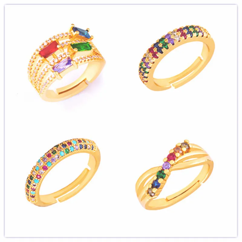 

Colorful Zircon Baguette Gold Rings Sets for Women Rainbow CZ Eternity Opening Adjustable Rings Charm Fashion Jewellry anillos