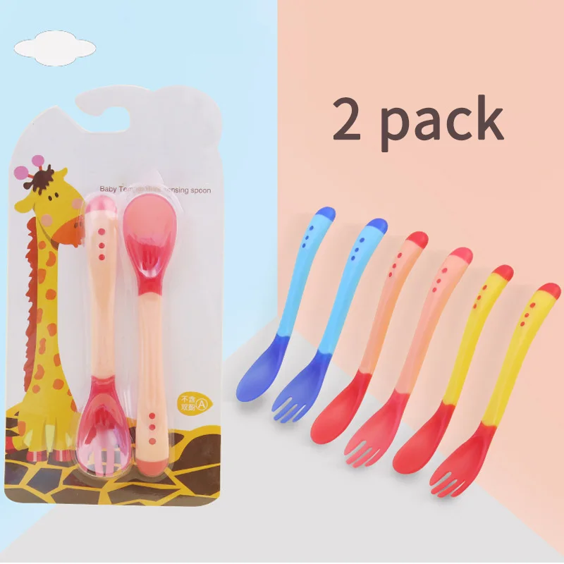 

2Pcs Baby Temperature Sensing Spoon Fork Non-slip Baby Training Dinnerware Children Weaning Tableware Baby Feeding Spoon Set