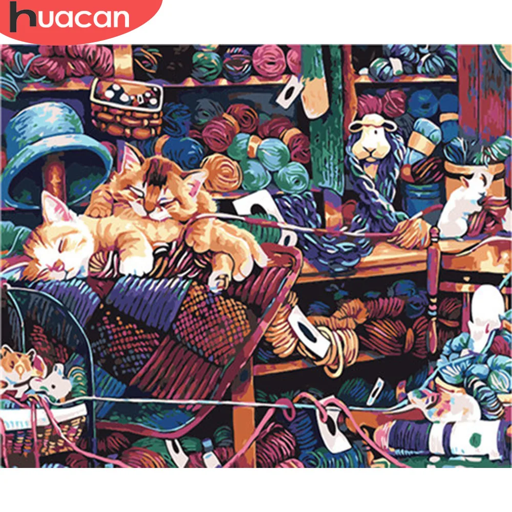 

HUACAN DIY Drawing By Numbers Cat Animals HandPainted Kits Canvas Oil Painting Pictures Winter Christmas Home Decoration Gift