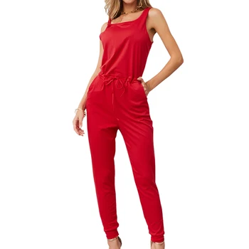

Solid Lace Up Streetwear Long Playsuits Elastic Waist Pencil Jumpsuits for Women 2020 New Summer Casual Sleeveless Rompers GV227
