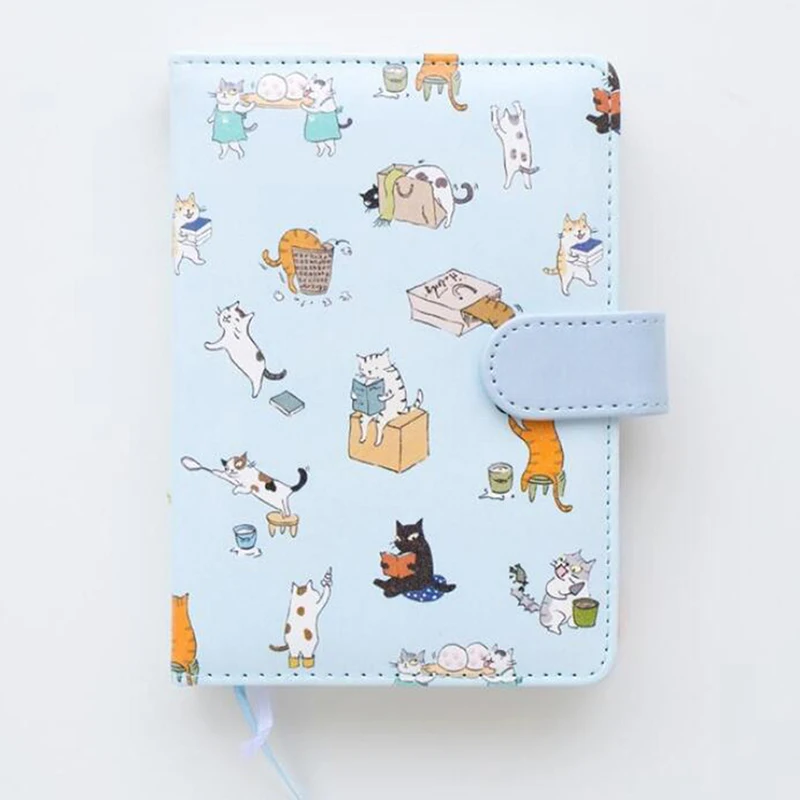 New Cute Cat Notebook Stationery Leather Cover Kids Notebook With Color Paper Binder Diary Gift