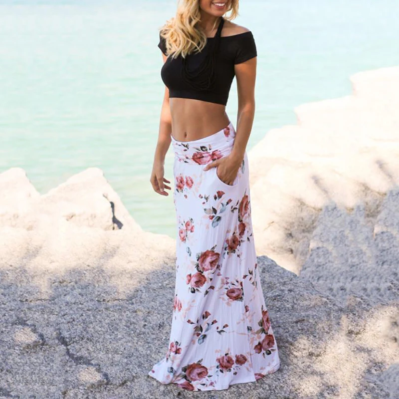 Женская летняя юбка макси с цветочным принтом, длинная юбка