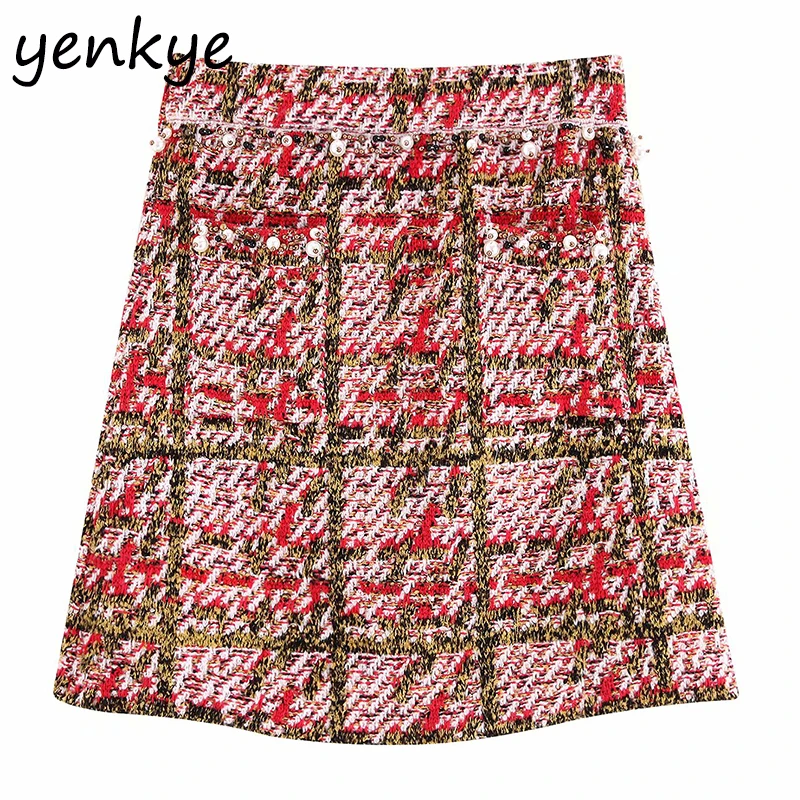 

Multicolor Plaid Knitted Skirt Women High Waist A-line Mini Skirt Elegant faldas mujer moda 2019 BBWM9733