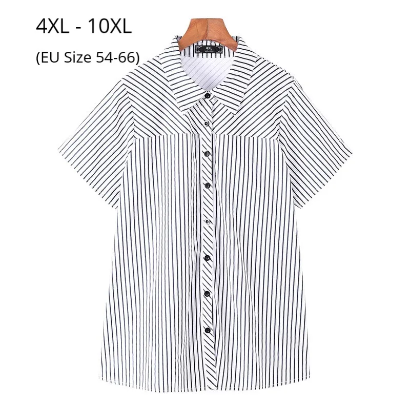 

Plus Size 10XL 8XL 6XL 4XL Women Short Sleeve Summer Blouse Ladies Cotton Striped Blusas De Verano OL Work Wearing Blouses