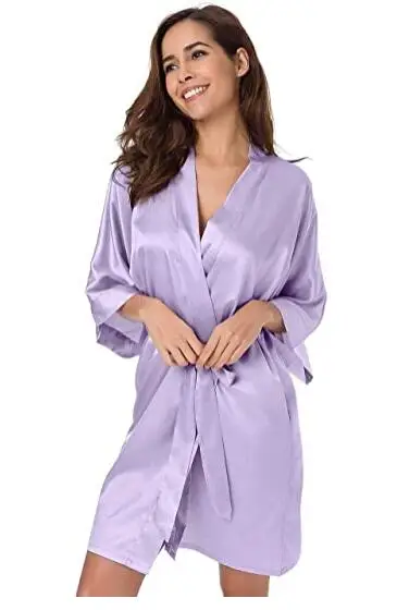 Women Silk Satin Short Night Robe Solid Kimono Robe Fashion Bath Sexy Bathrobe Peignoir Femme Wedding Bride Bridesmaid