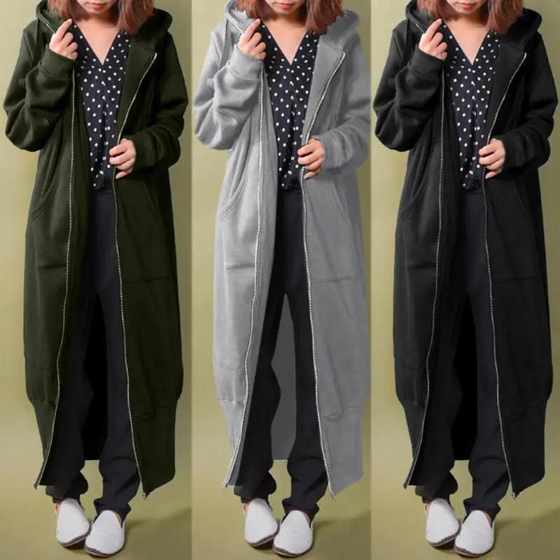 Jackets Hoodies Sweatshirt Coats Zipper ZANZEA Women Long-Outwear Fleece Casual Plus-Size