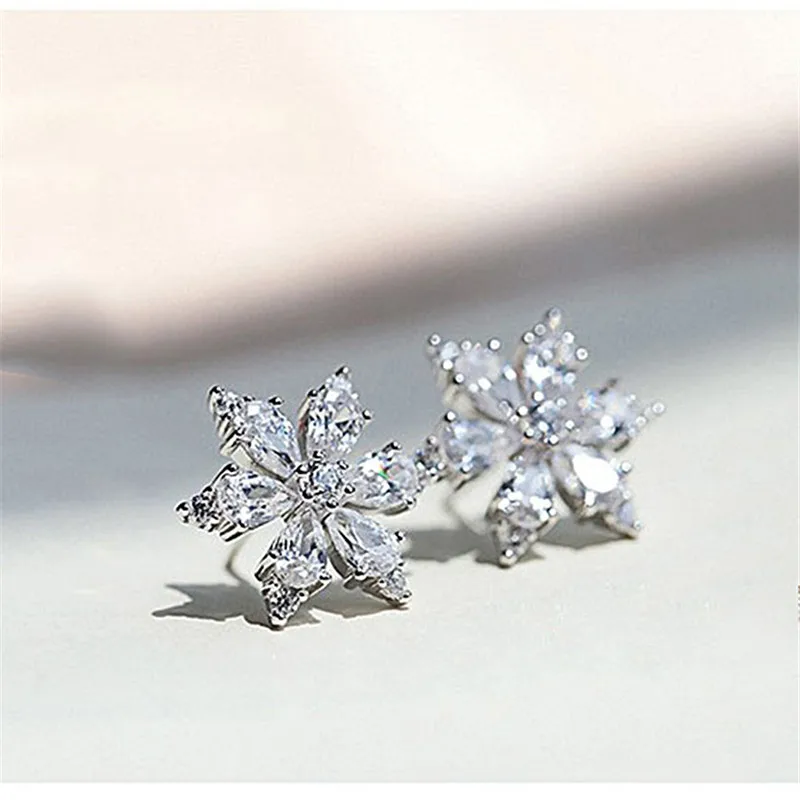 Милые Кристальные снежинки серьги 925 серебро прозрачный белый циркониевый звезда цветок серьги гвоздики для женщин Свадебные серьги гвоздики ювелирные изделия Cz