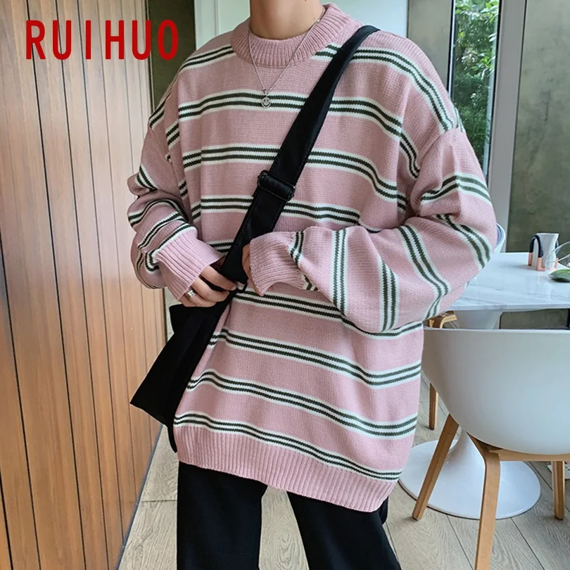 RUIHUO, новинка, осенне-зимний полосатый мужской свитер с круглым вырезом, повседневный вязаный пуловер, мужской модный бренд, мужские свитера, вязаные M-2XL