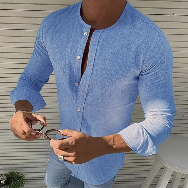 

2019 New Men Casual Round Neck Solid Color Shirt Button Closure Cotton Linen Long Sleeve Shirts Tops Loose Autumn Male Tee Shirt